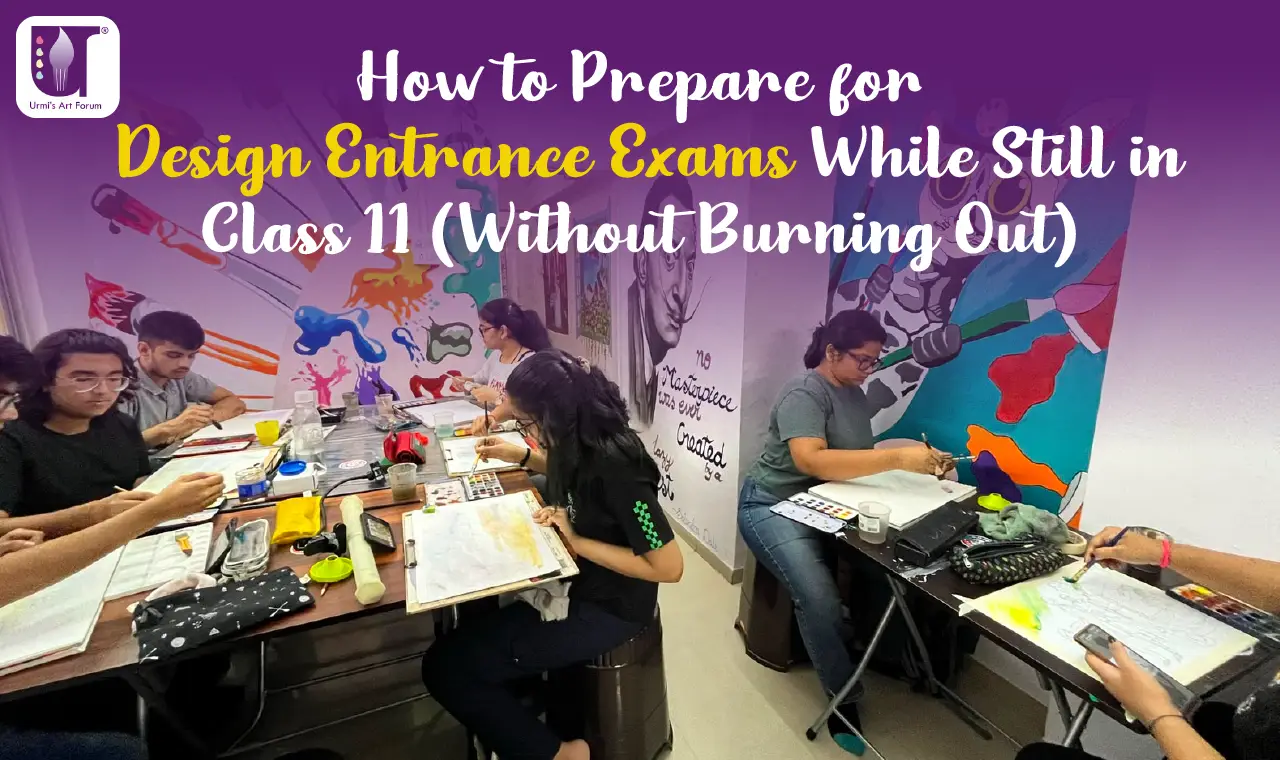 Student preparing for NID, NIFT and UCEED design entrance exams while studying in Class 11 with sketchbook and creative portfolio