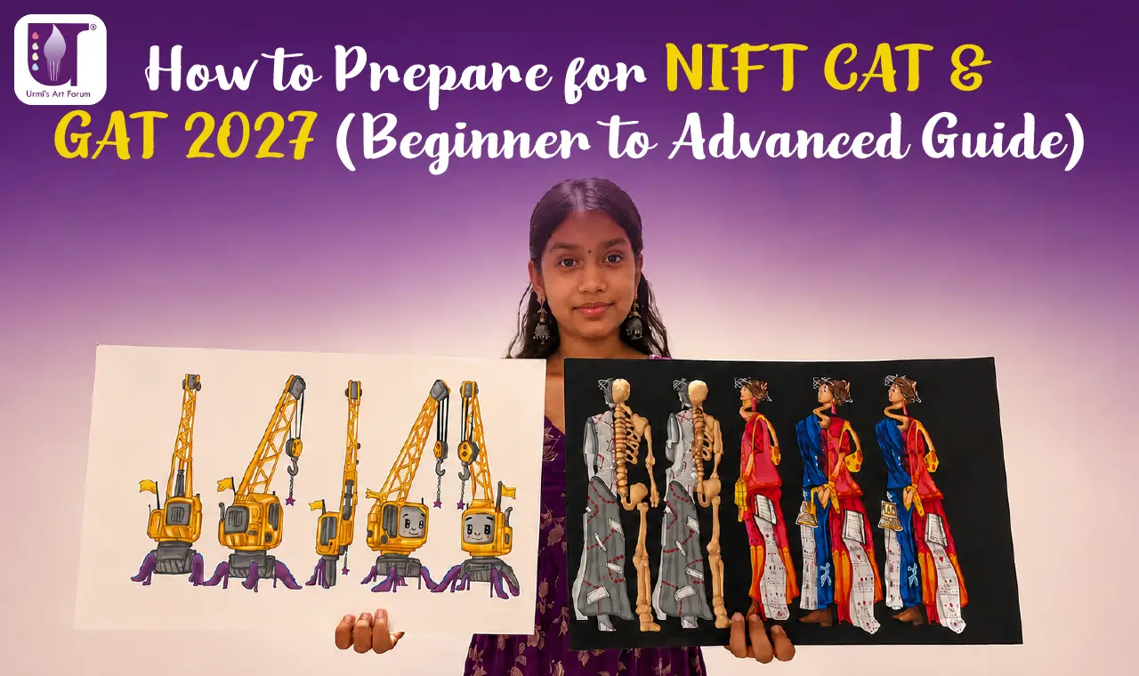 Student preparing for NIFT CAT and GAT 2027 entrance exam with sketchbook, design portfolio, aptitude books, and study materials