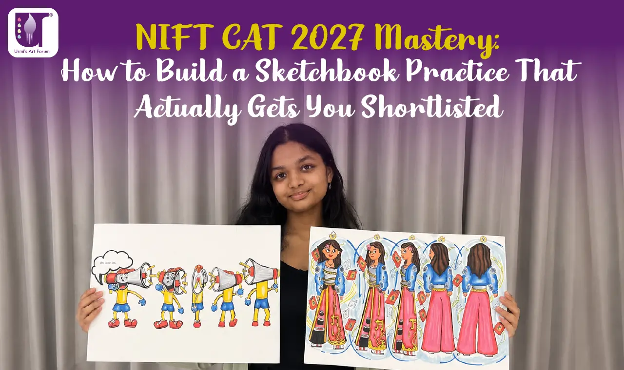 Student creating a NIFT CAT 2027 sketchbook with creative drawing practice at Urmi's Art Forum
